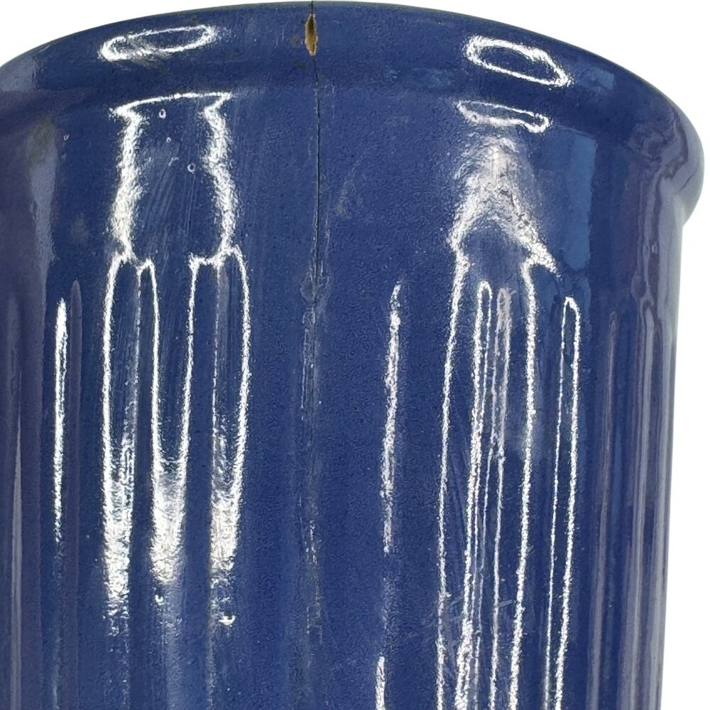 Redwing 1930s Glazed Ceramic Beater Jar Bowl Blue Ridged 5x5.25" Flaw Vintage - Picture 9 of 16